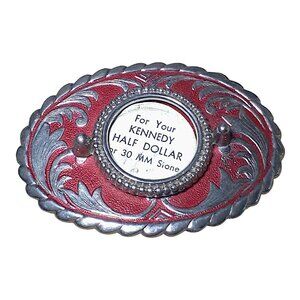Western Belt Buckle for Kennedy Half Dollar or 30 MM Stone, Red and Silver-Tone